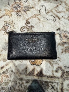 kate spade Black Pebbled Leather Zip Card Case with Gold Logo